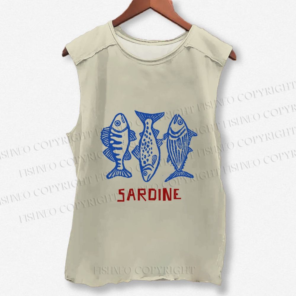 Unisex Vintage Sardine Printed Washed Tank Top