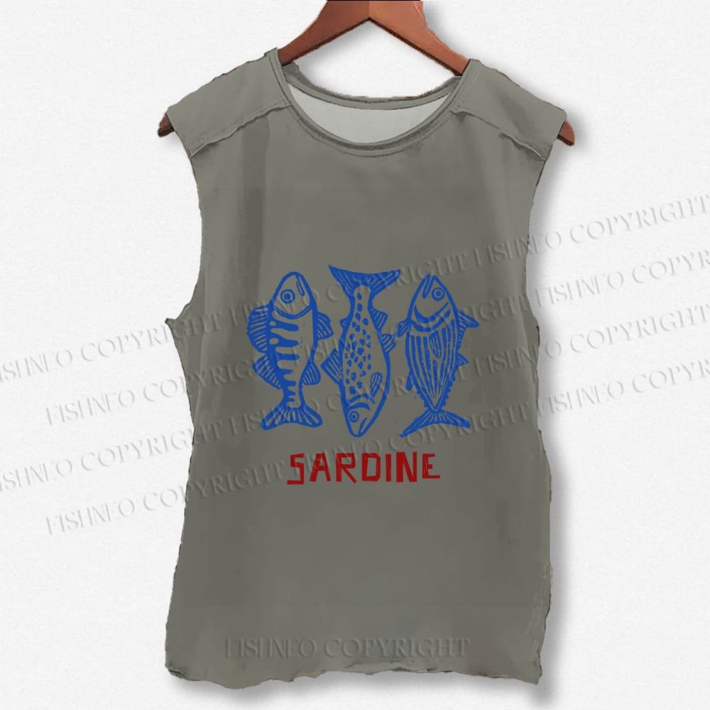 Unisex Vintage Sardine Printed Washed Tank Top