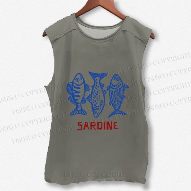 Unisex Vintage Sardine Printed Washed Tank Top