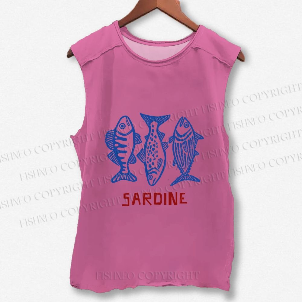 Unisex Vintage Sardine Printed Washed Tank Top