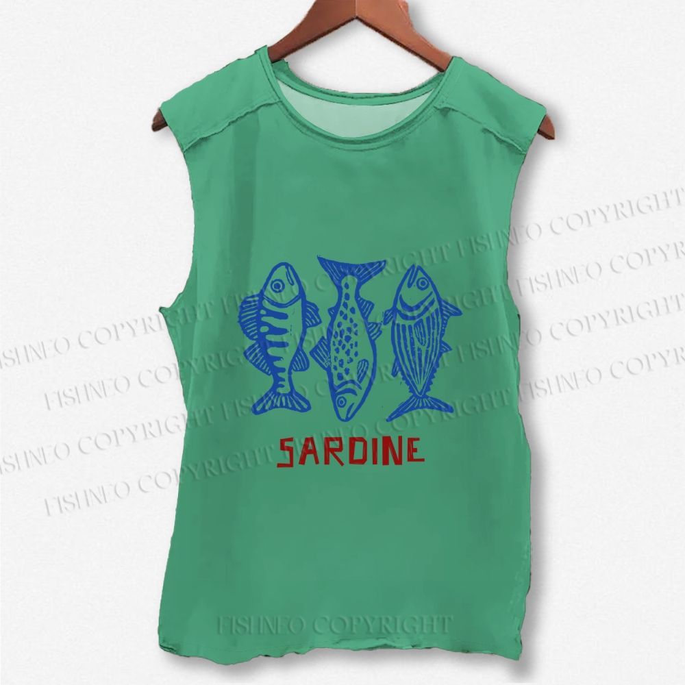 Unisex Vintage Sardine Printed Washed Tank Top