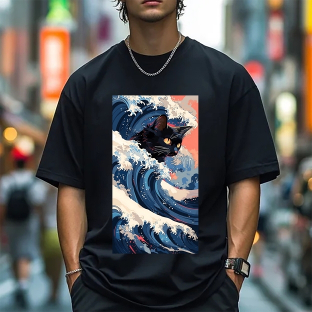Cat of the Great Wave off Kanagawa Cotton casual T-shirt