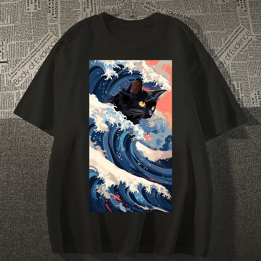Cat of the Great Wave off Kanagawa Cotton casual T-shirt