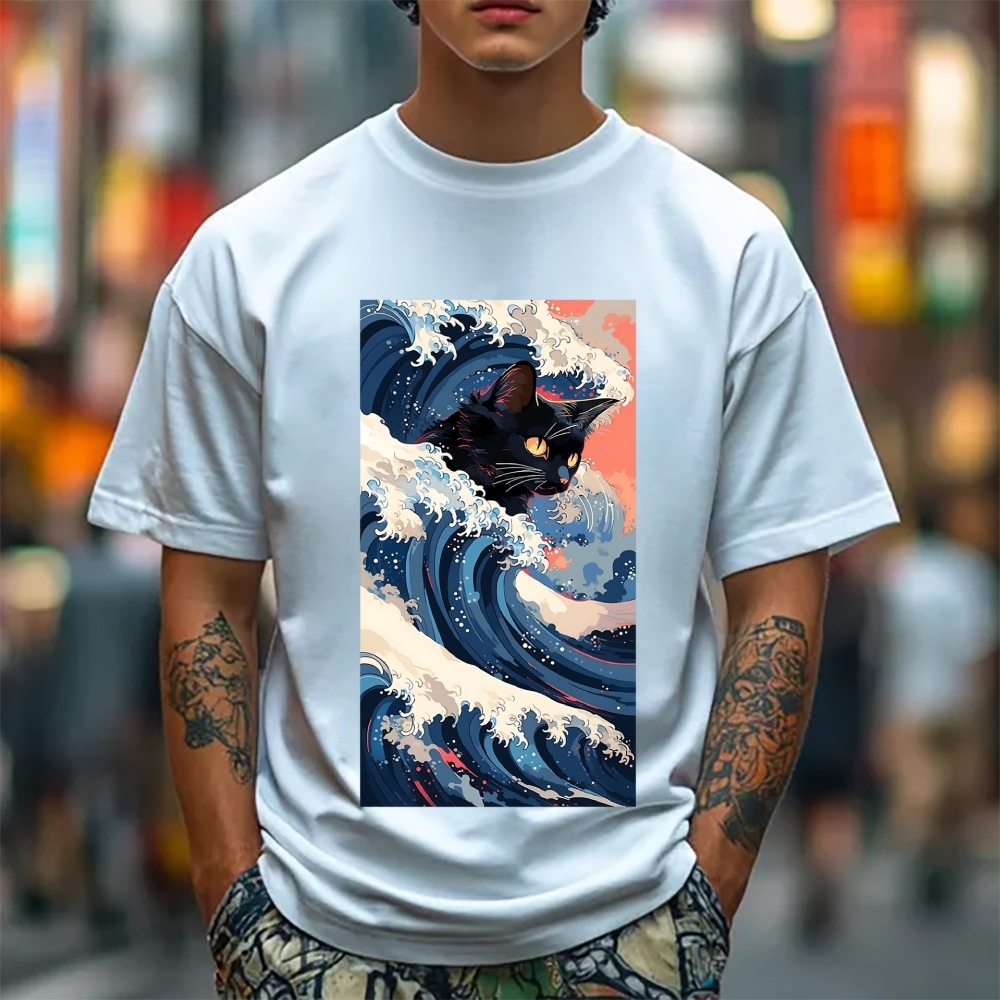 Cat of the Great Wave off Kanagawa Cotton casual T-shirt