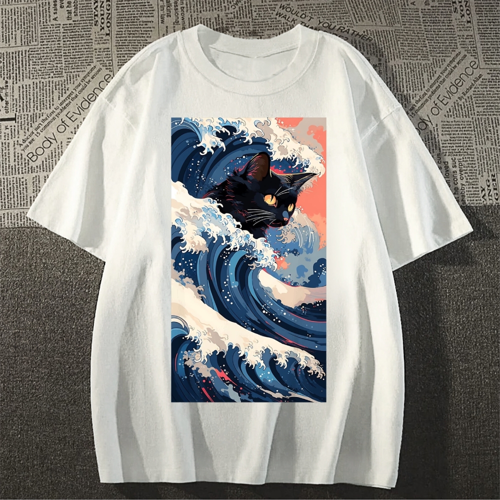 Cat of the Great Wave off Kanagawa Cotton casual T-shirt