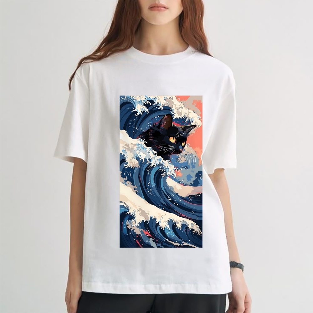 Cat of the Great Wave off Kanagawa Cotton casual T-shirt