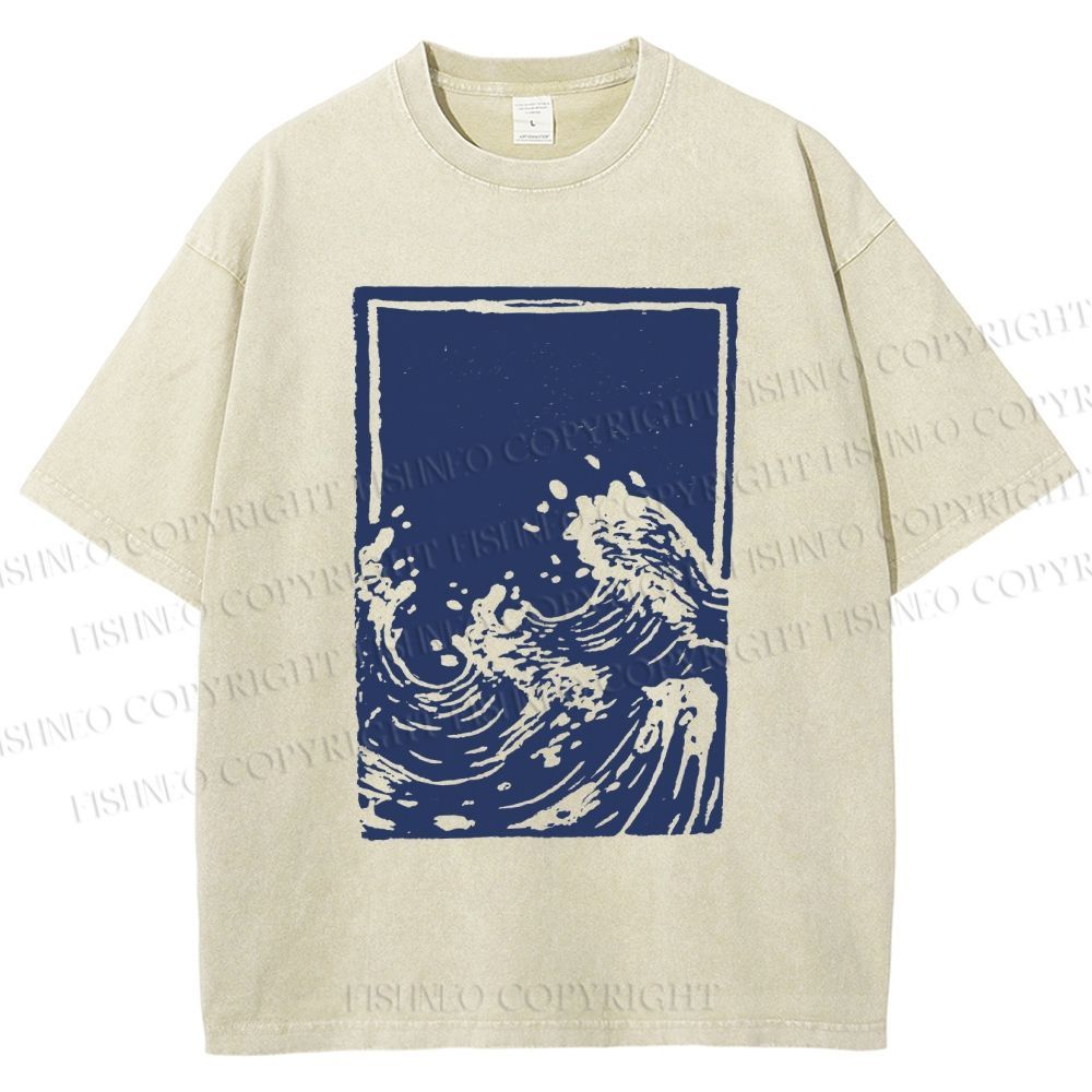 Unisex Japanese Vintage Wave Printed Washed Tee