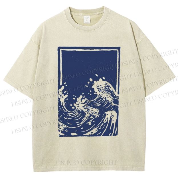 Unisex Japanese Vintage Wave Printed Washed Tee