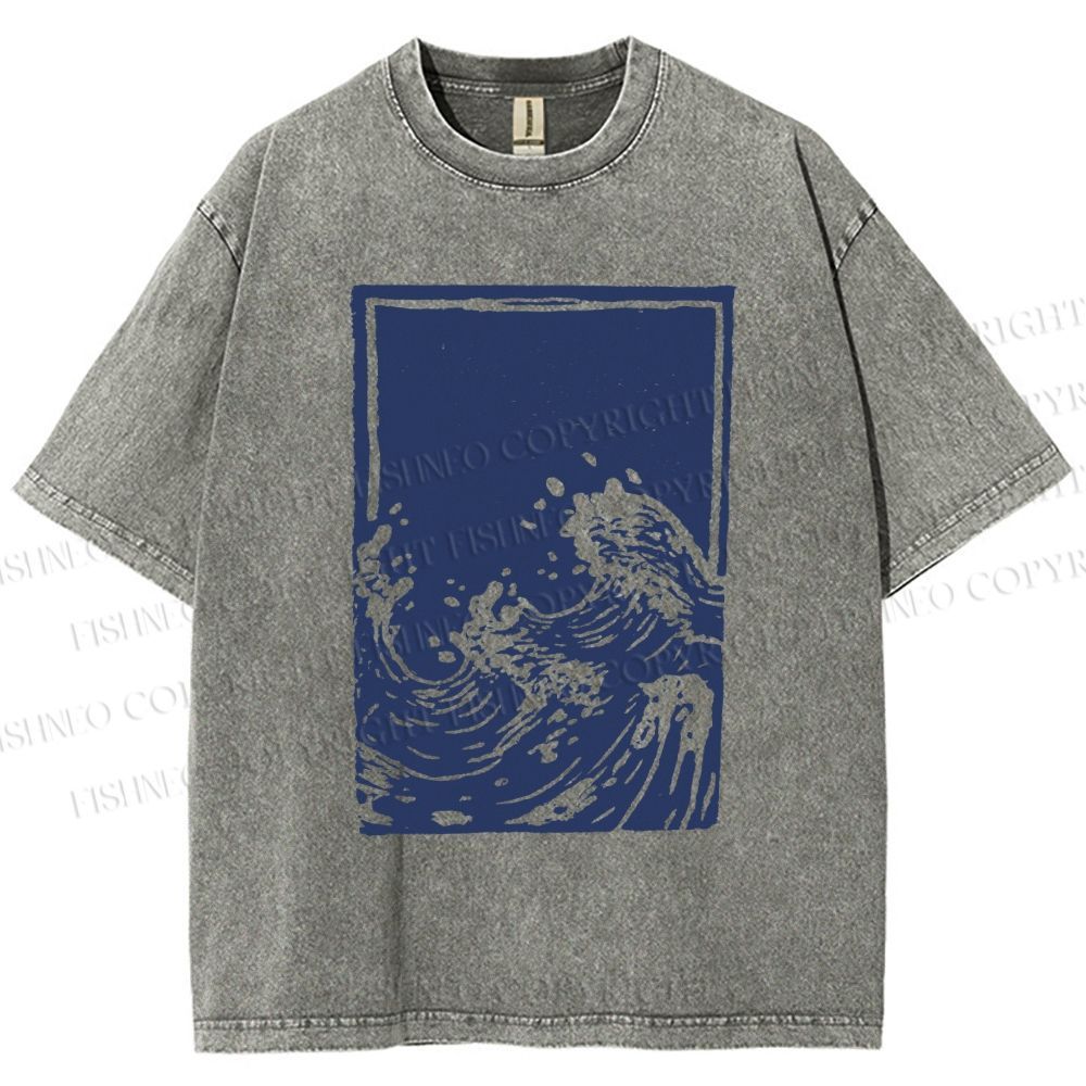 Unisex Japanese Vintage Wave Printed Washed Tee