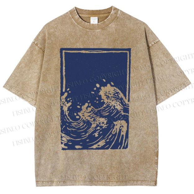 Unisex Japanese Vintage Wave Printed Washed Tee