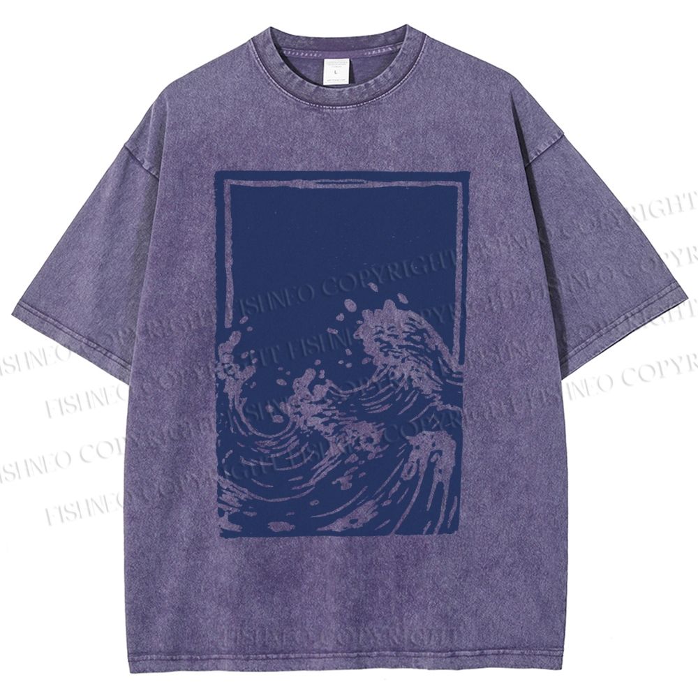 Unisex Japanese Vintage Wave Printed Washed Tee