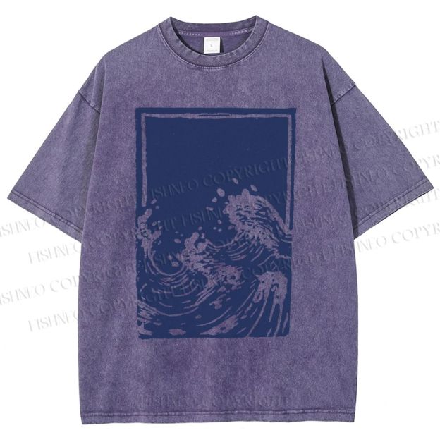 Unisex Japanese Vintage Wave Printed Washed Tee