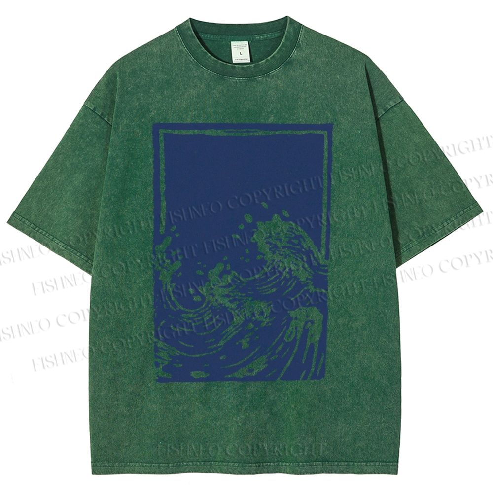Unisex Japanese Vintage Wave Printed Washed Tee