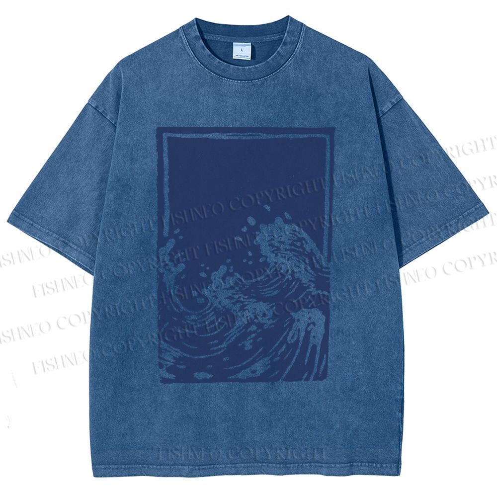 Unisex Japanese Vintage Wave Printed Washed Tee