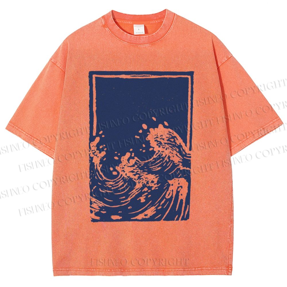 Unisex Japanese Vintage Wave Printed Washed Tee