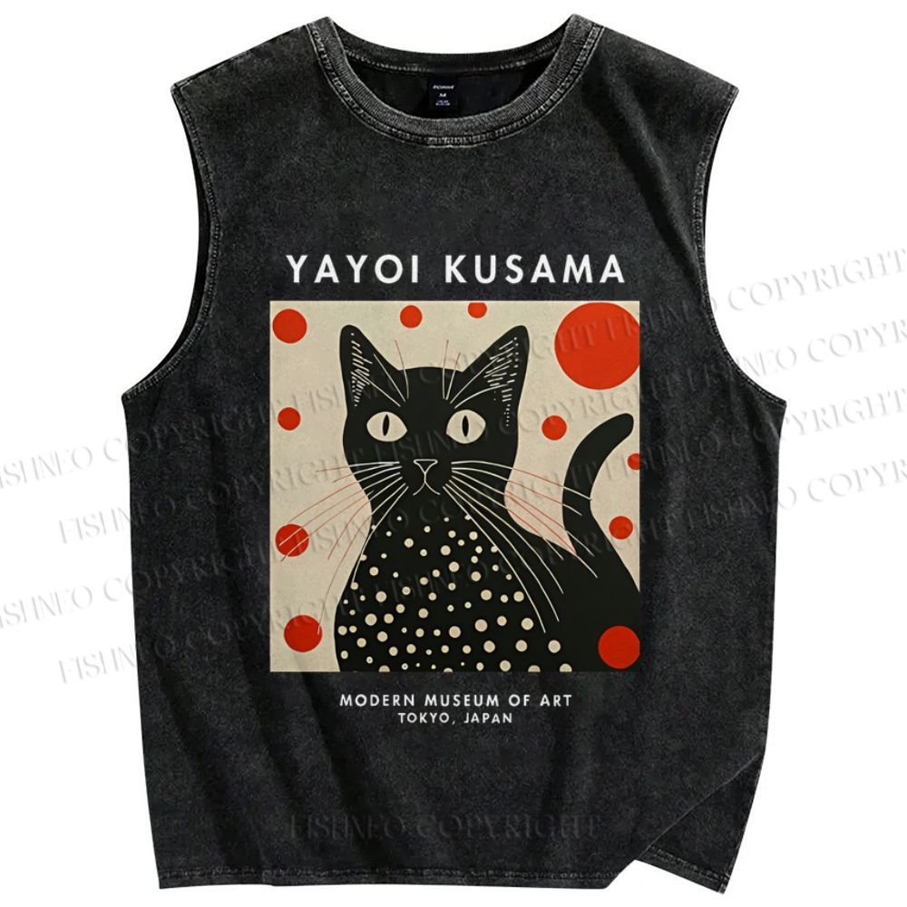 Unisex Yayoi Kusama Cat Printed Washed Tank Top