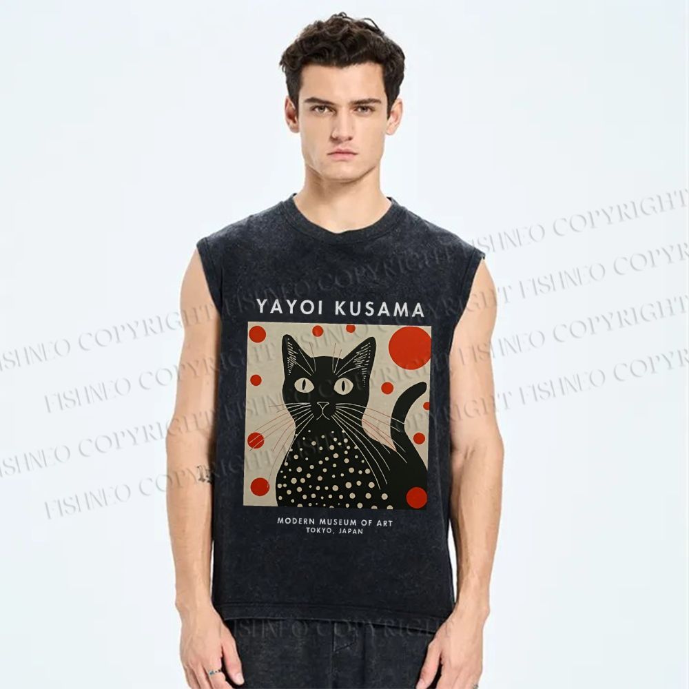 Unisex Yayoi Kusama Cat Printed Washed Tank Top