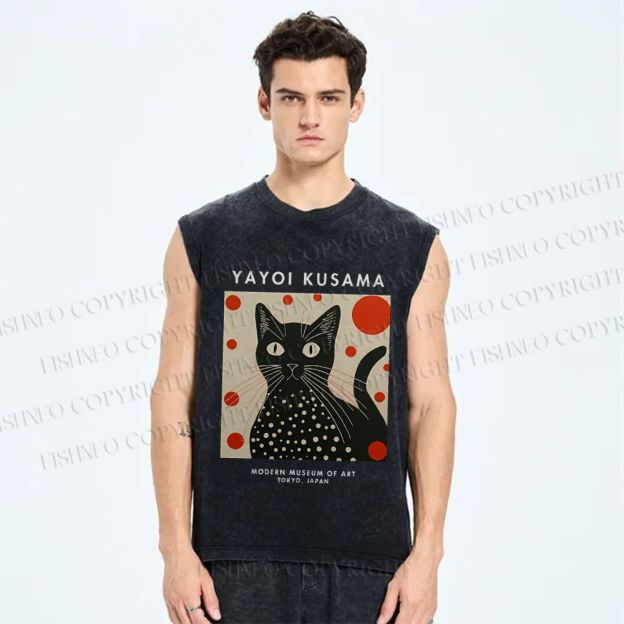 Unisex Yayoi Kusama Cat Printed Washed Tank Top
