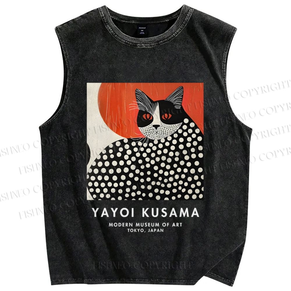Unisex Yayoi Kusama Cat Printed Washed Tank Top