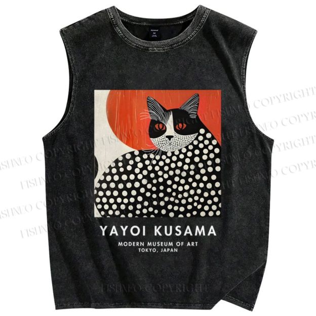 Unisex Yayoi Kusama Cat Printed Washed Tank Top