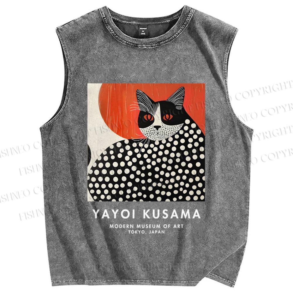 Unisex Yayoi Kusama Cat Printed Washed Tank Top