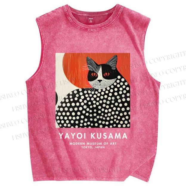 Unisex Yayoi Kusama Cat Printed Washed Tank Top