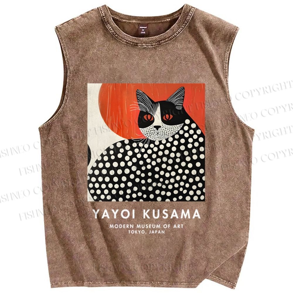 Unisex Yayoi Kusama Cat Printed Washed Tank Top