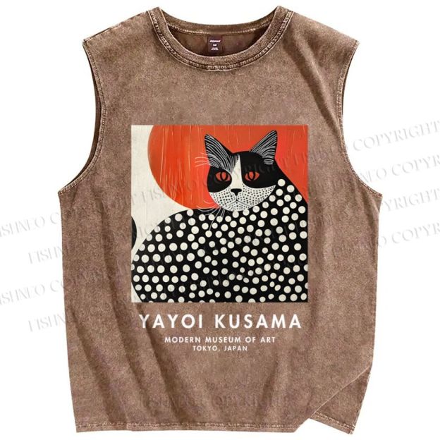 Unisex Yayoi Kusama Cat Printed Washed Tank Top