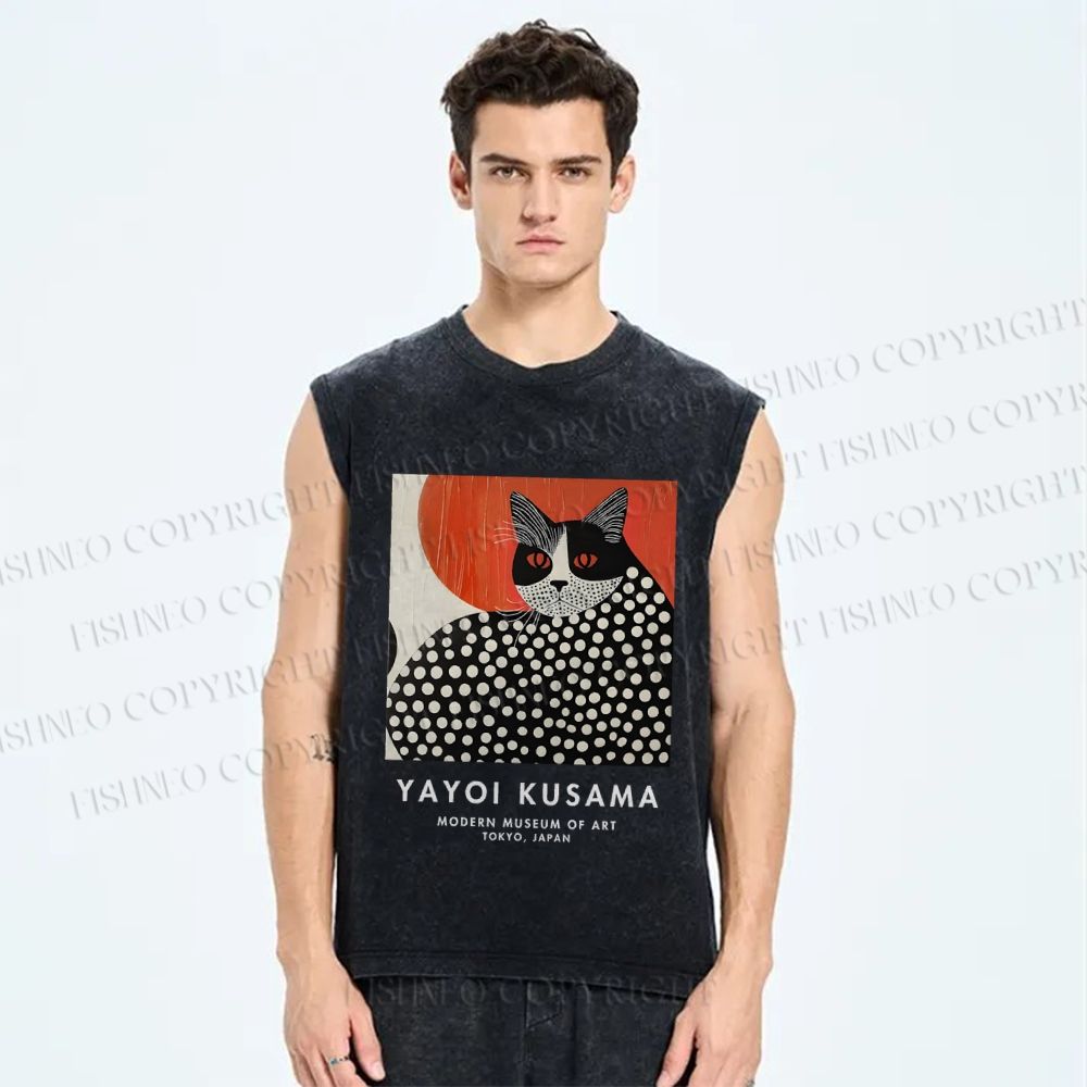 Unisex Yayoi Kusama Cat Printed Washed Tank Top