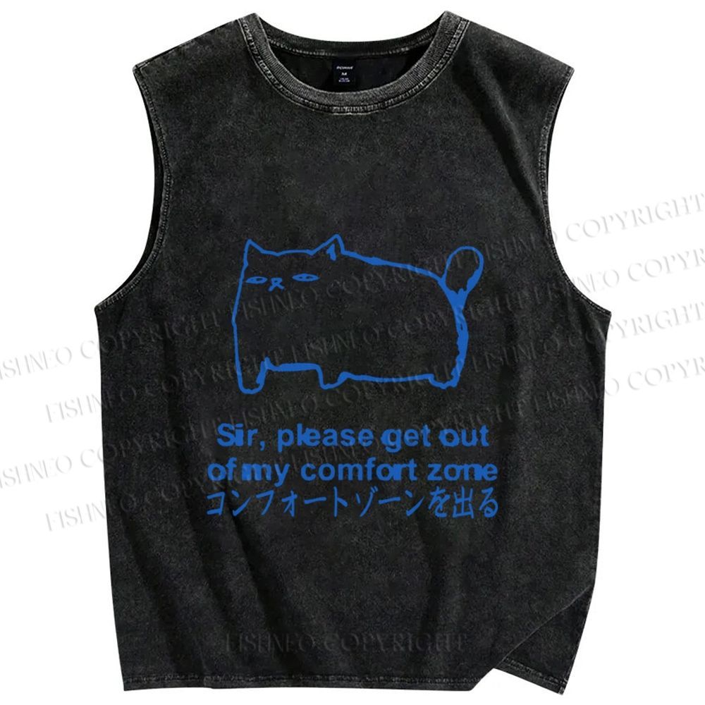 Unisex Get out of my comfort zone Funny Cat Printed Washed Tank Top