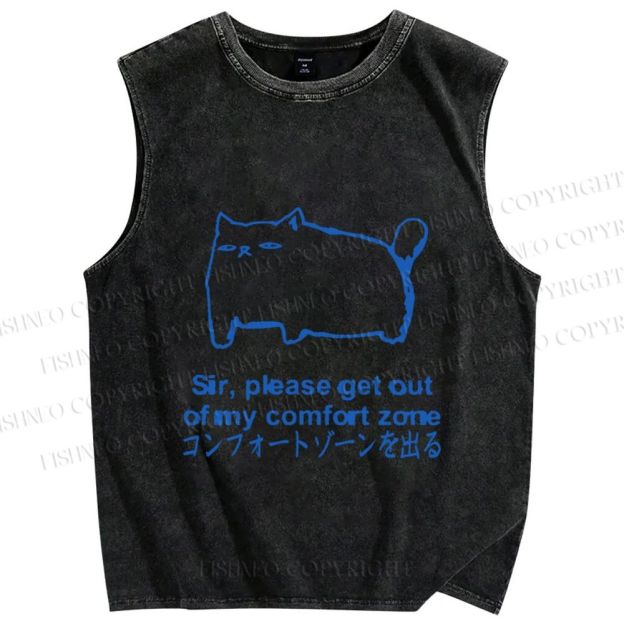 Unisex Get out of my comfort zone Funny Cat Printed Washed Tank Top