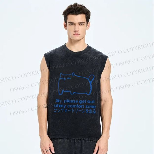 Unisex Get out of my comfort zone Funny Cat Printed Washed Tank Top