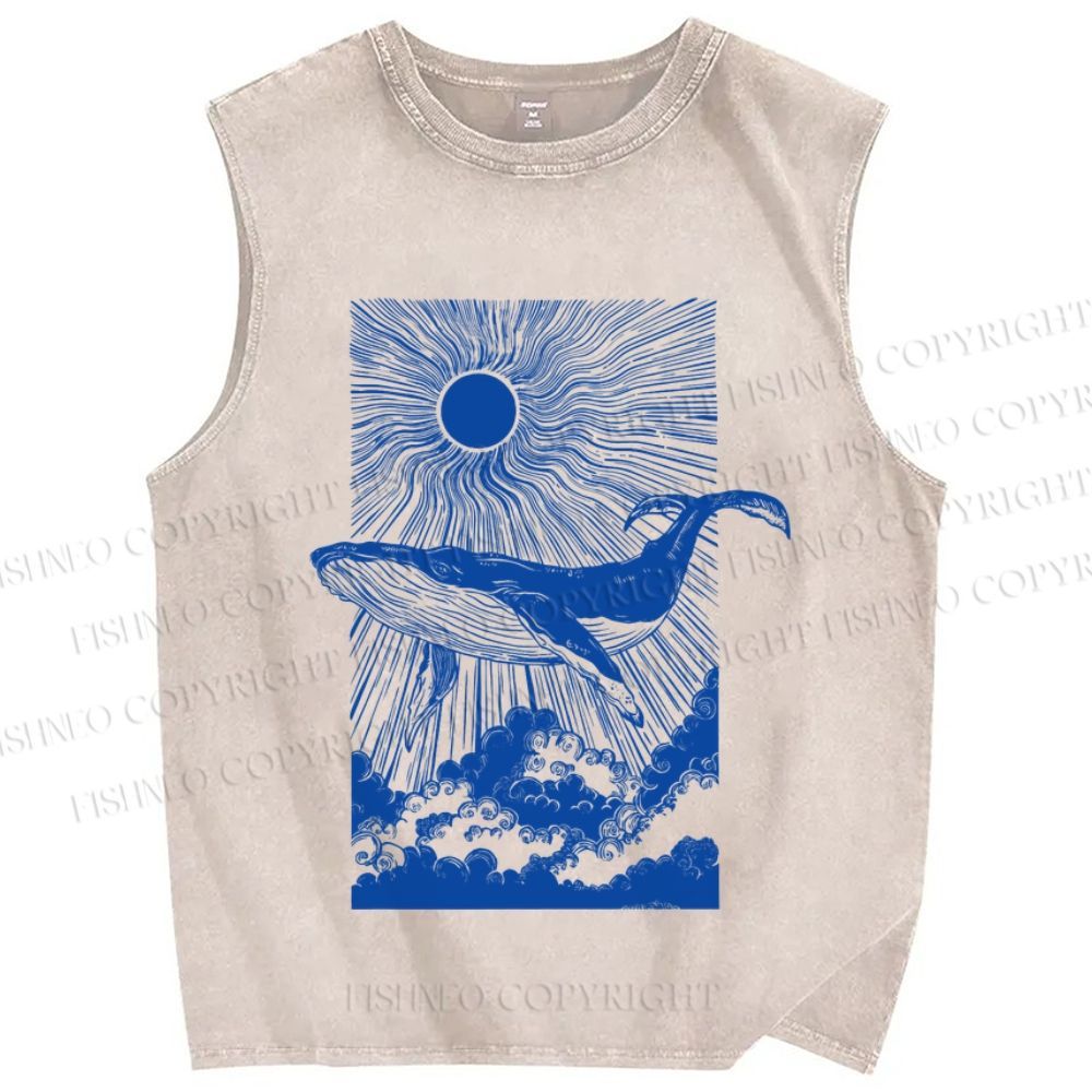 Unisex Japanese Art Wave Whale Sunset Printed Washed Tank Top
