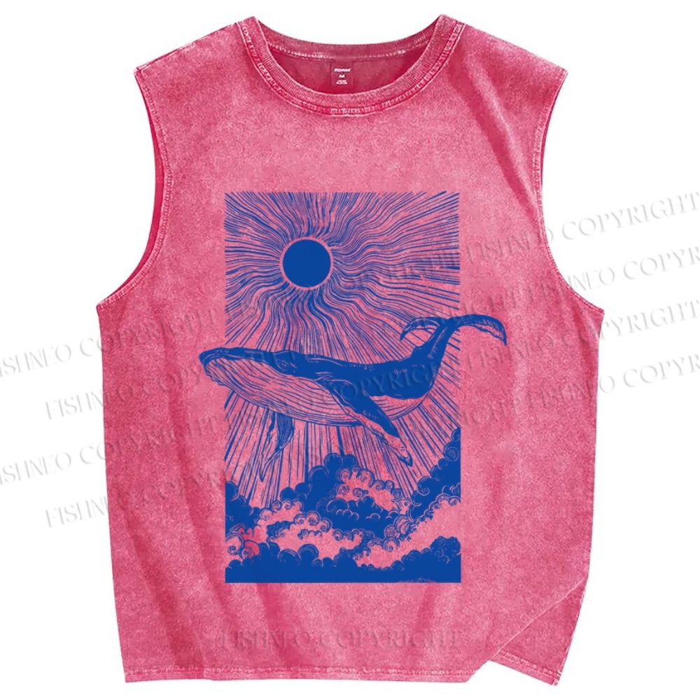 Unisex Japanese Art Wave Whale Sunset Printed Washed Tank Top