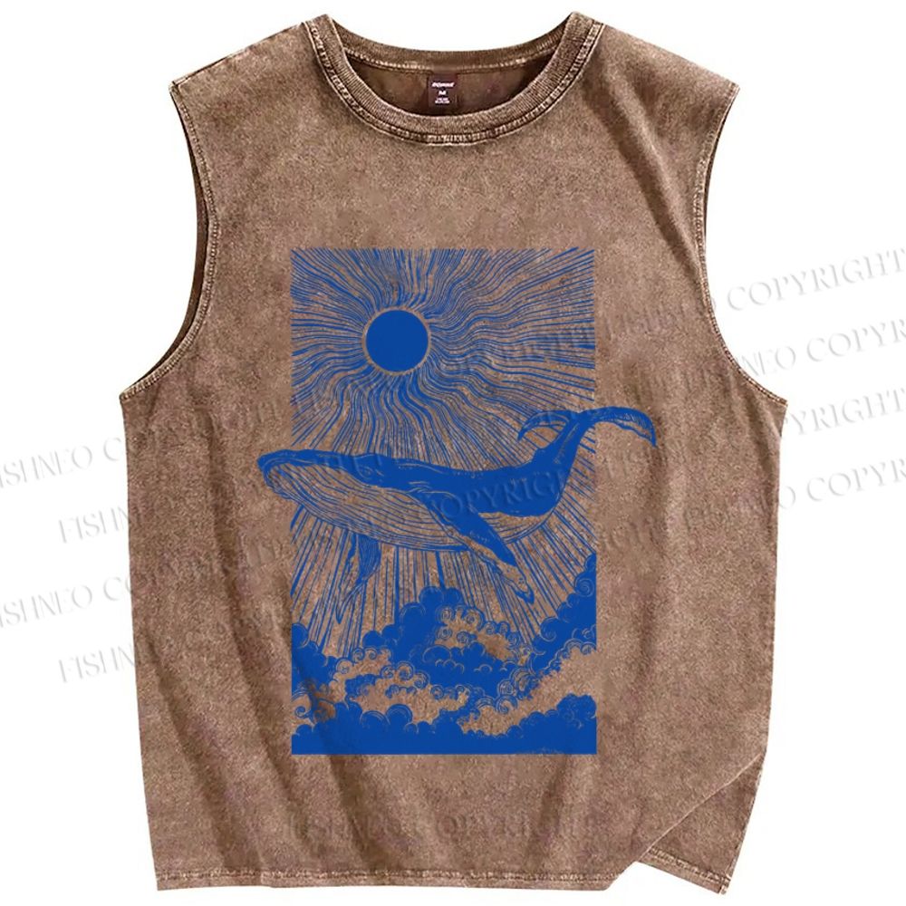 Unisex Japanese Art Wave Whale Sunset Printed Washed Tank Top