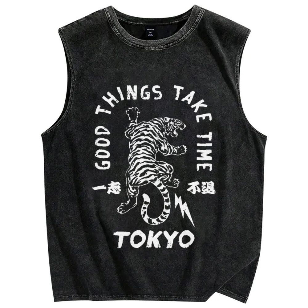 Good Things Take Time Tiger Vintage Distressed Washed Tank Top