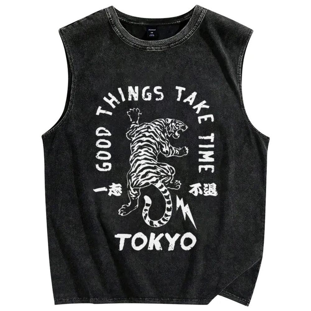 Good Things Take Time Tiger Vintage Distressed Washed Tank Top
