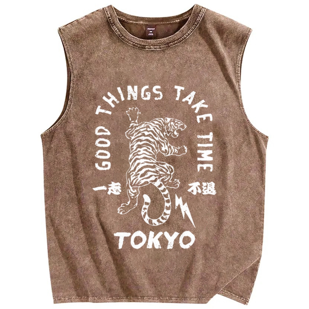 Good Things Take Time Tiger Vintage Distressed Washed Tank Top