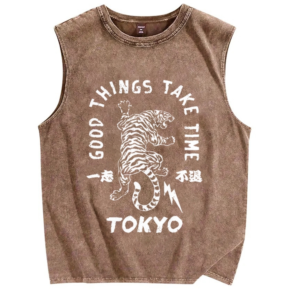 Good Things Take Time Tiger Vintage Distressed Washed Tank Top