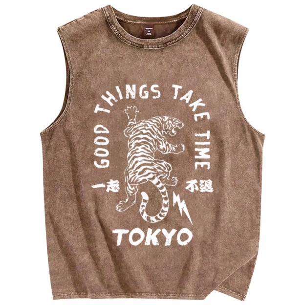 Good Things Take Time Tiger Vintage Distressed Washed Tank Top