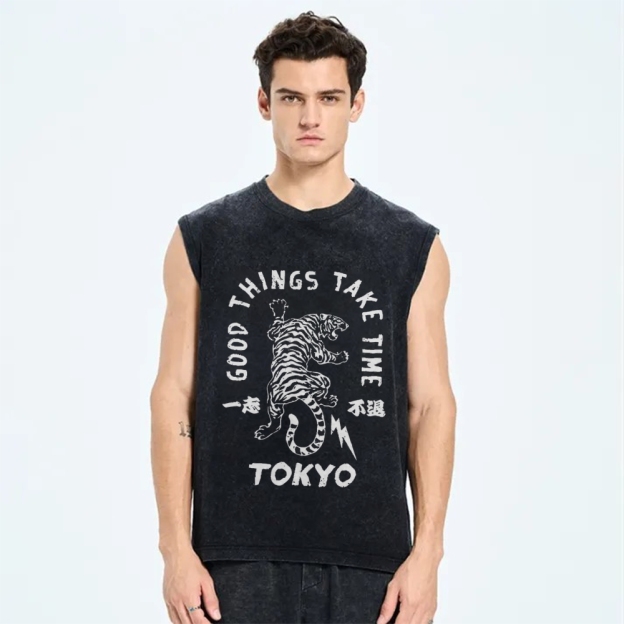 Good Things Take Time Tiger Vintage Distressed Washed Tank Top