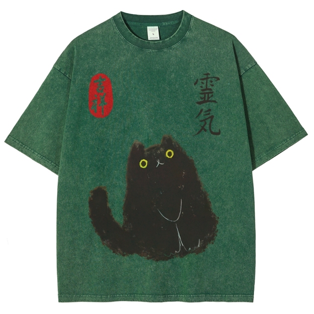 Lucky Cat Black Cat Vintage Wash Japanese Design T-Shirt