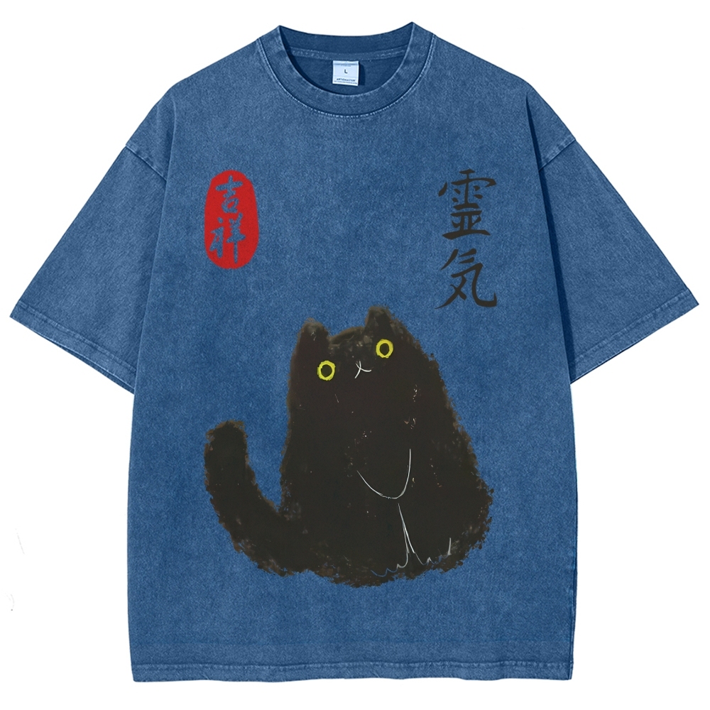 Lucky Cat Black Cat Vintage Wash Japanese Design T-Shirt