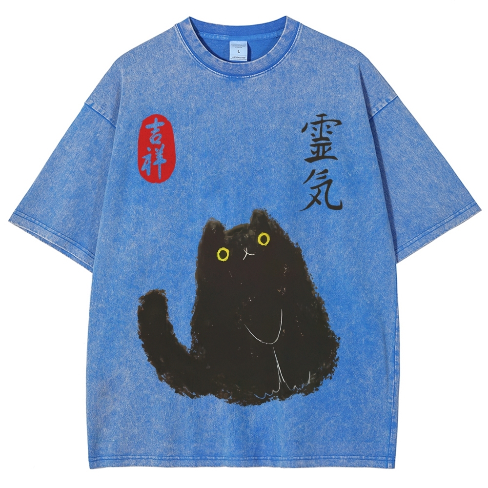 Lucky Cat Black Cat Vintage Wash Japanese Design T-Shirt