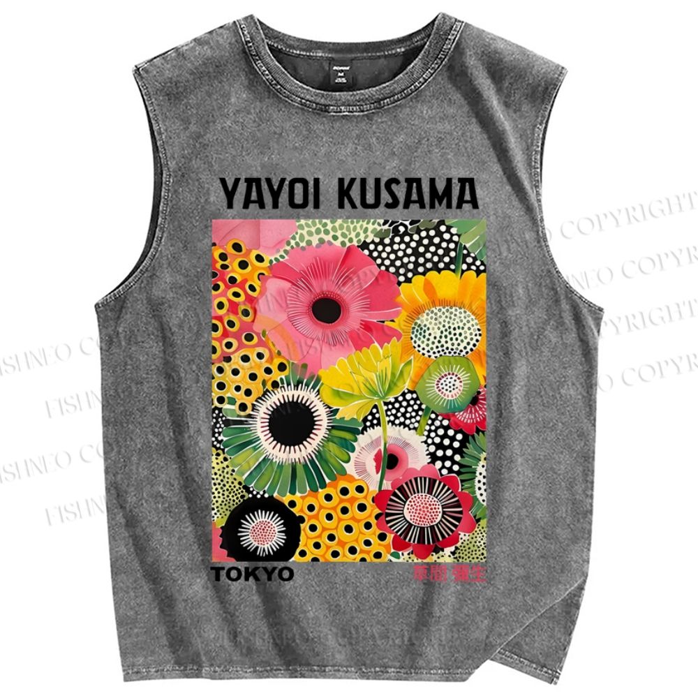 Unisex Flowers Yayoi Kusama Printed Washed Tank Top