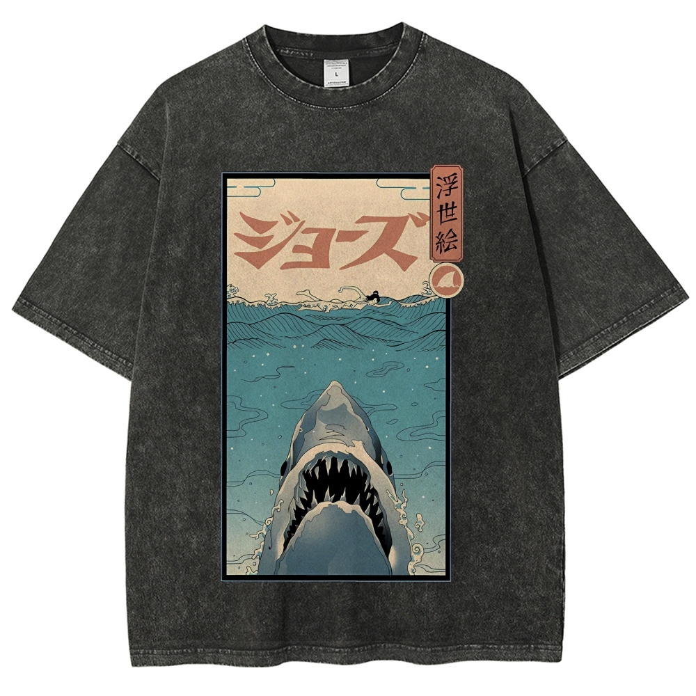 Ukiyoe Shark Jaws Vintage Wash Japanese Design T-Shirt