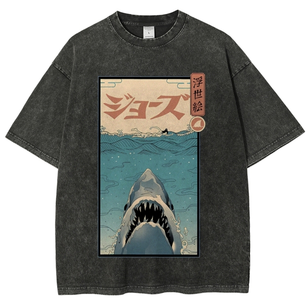 Ukiyoe Shark Jaws Vintage Wash Japanese Design T-Shirt