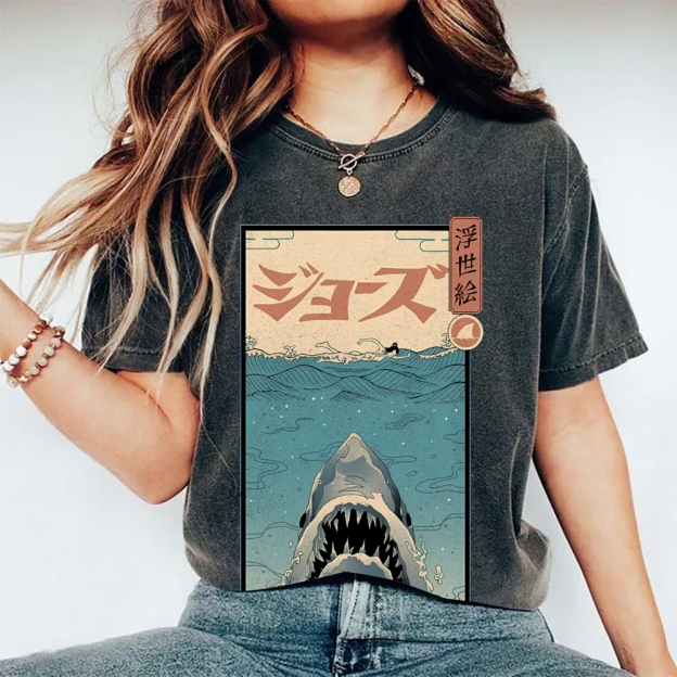 Ukiyoe Shark Jaws Vintage Wash Japanese Design T-Shirt