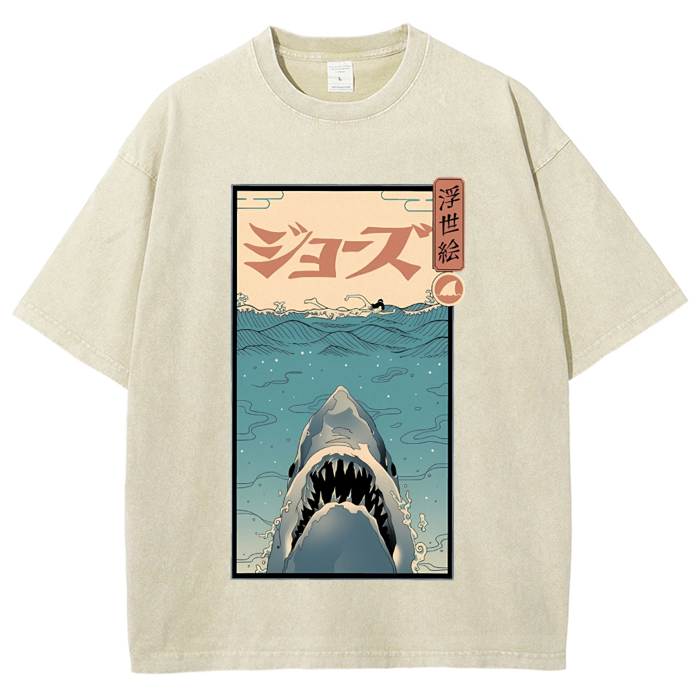 Ukiyoe Shark Jaws Vintage Wash Japanese Design T-Shirt