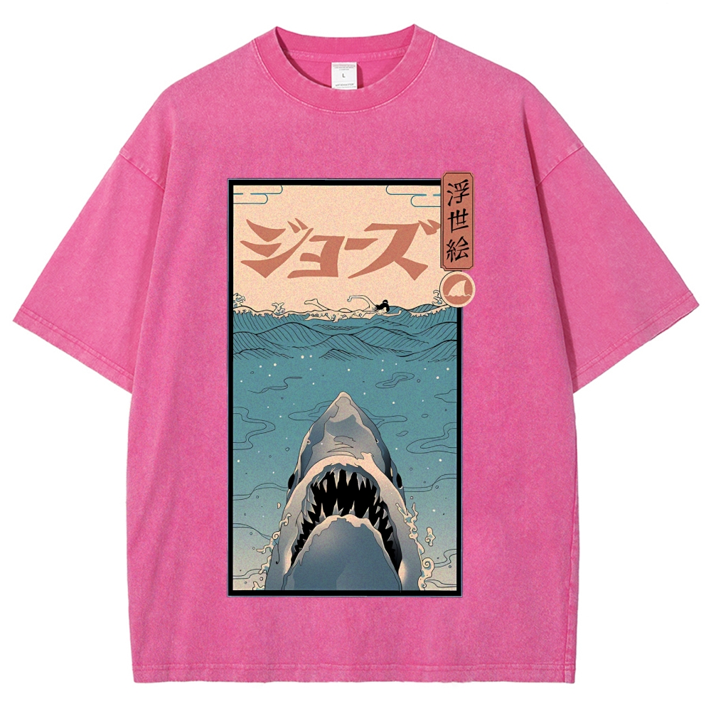 Ukiyoe Shark Jaws Vintage Wash Japanese Design T-Shirt